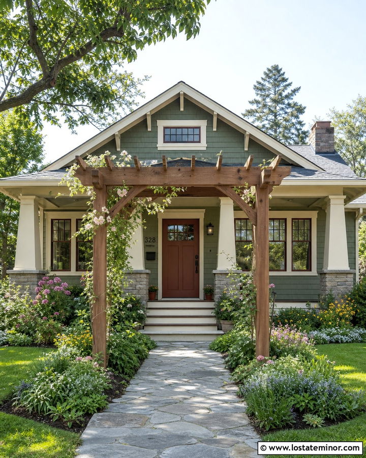 Moss Green Bungalow With Vine Covered Pergola - 30 Moss Green House Design With Pergola Ideas