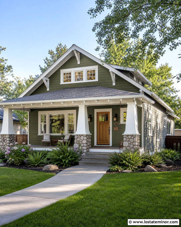 Moss Green Bungalow With White Craftsman Columns - 30 Moss Green House Design With Porch Columns Ideas