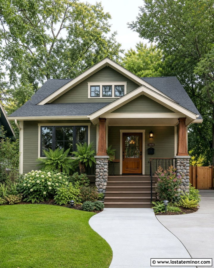 Moss Green Bungalow With Wood Look Storm Door - 30 Moss Green House Design With Storm Door Ideas