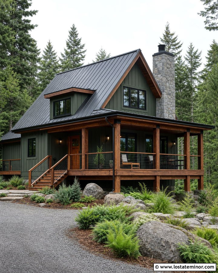 Moss Green Cabin House With Deck - 30 Moss Green House Design With Deck Ideas