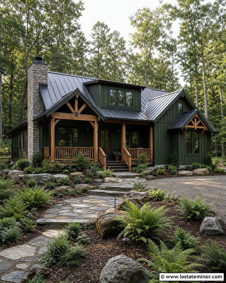 Moss Green Cabin House With Woodland Garden - 30 Moss Green House Design With Landscaping Ideas