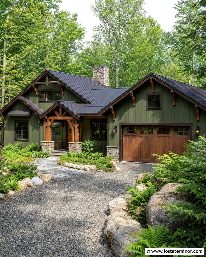 Moss Green Cabin With Crushed Stone Driveway - 30 Moss Green House Design With Driveway Ideas