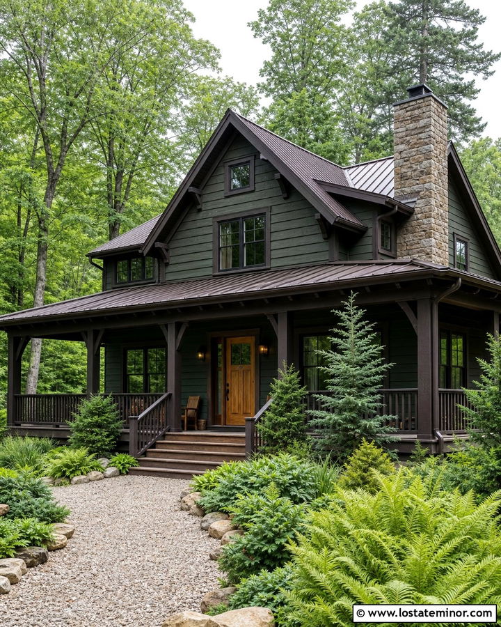 Moss Green Cabin With Dark Brown Trim - 30 Moss Green House Design With Trim Ideas