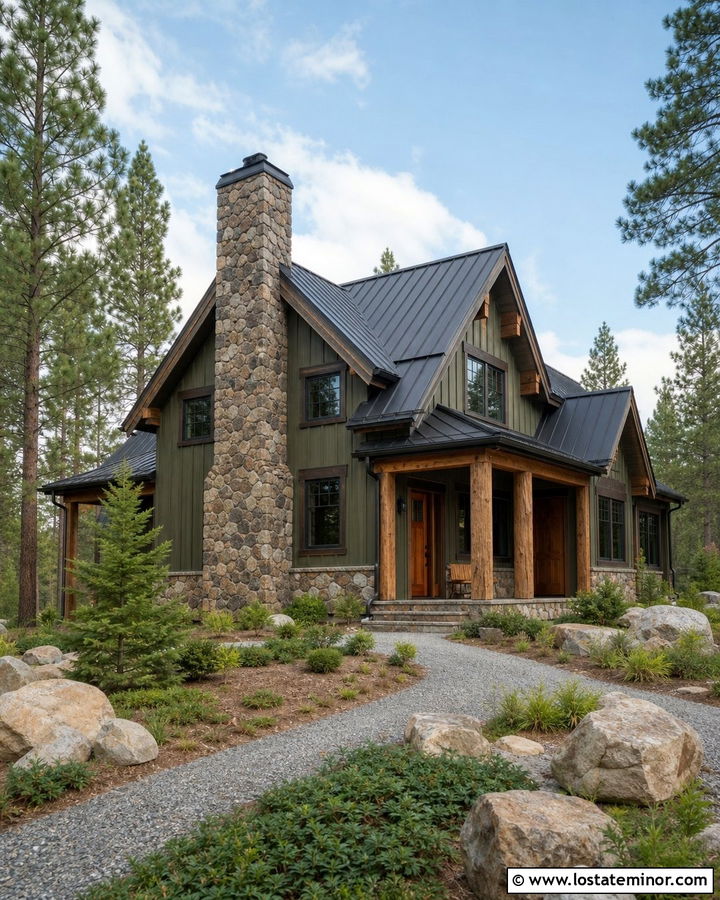 Moss Green Cabin With Full Stone Chimney - 30 Moss Green House Design With Stone Accents Ideas