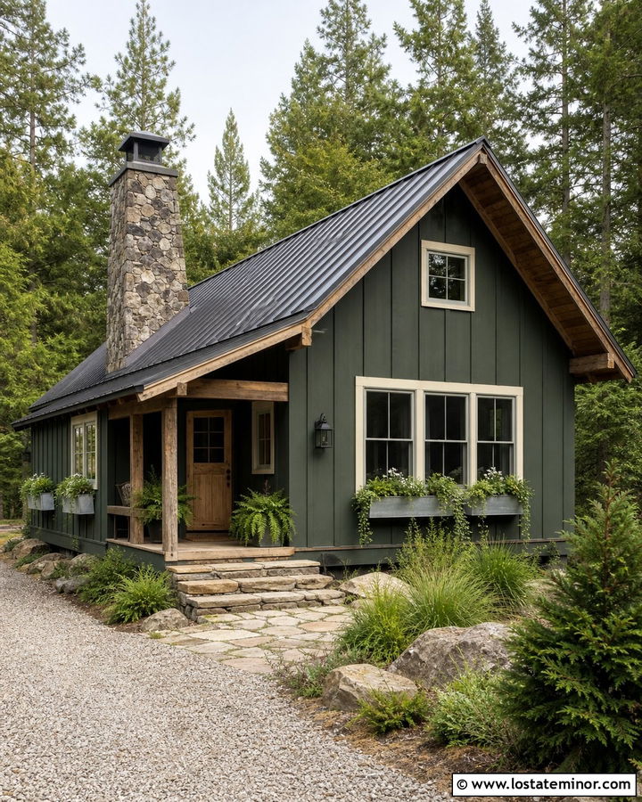 Moss Green Cabin With Galvanized Window Boxes - 30 Moss Green House Design With Window Boxes Ideas