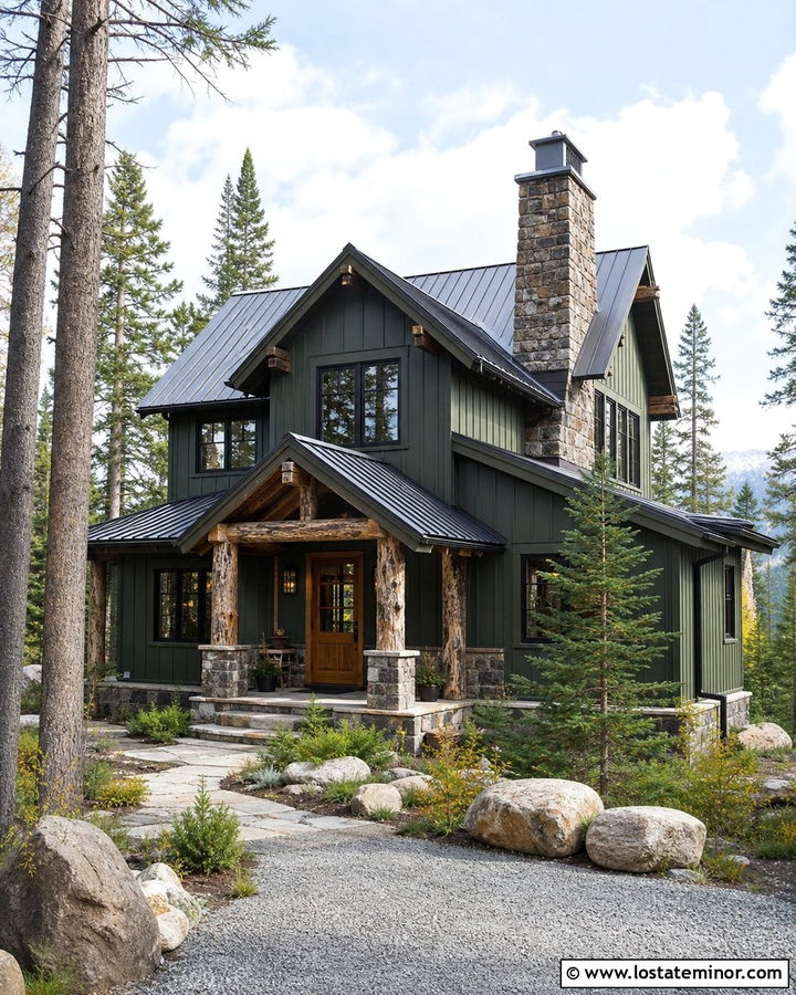 Moss Green Cabin With Log Porch Columns - 30 Moss Green House Design With Porch Columns Ideas