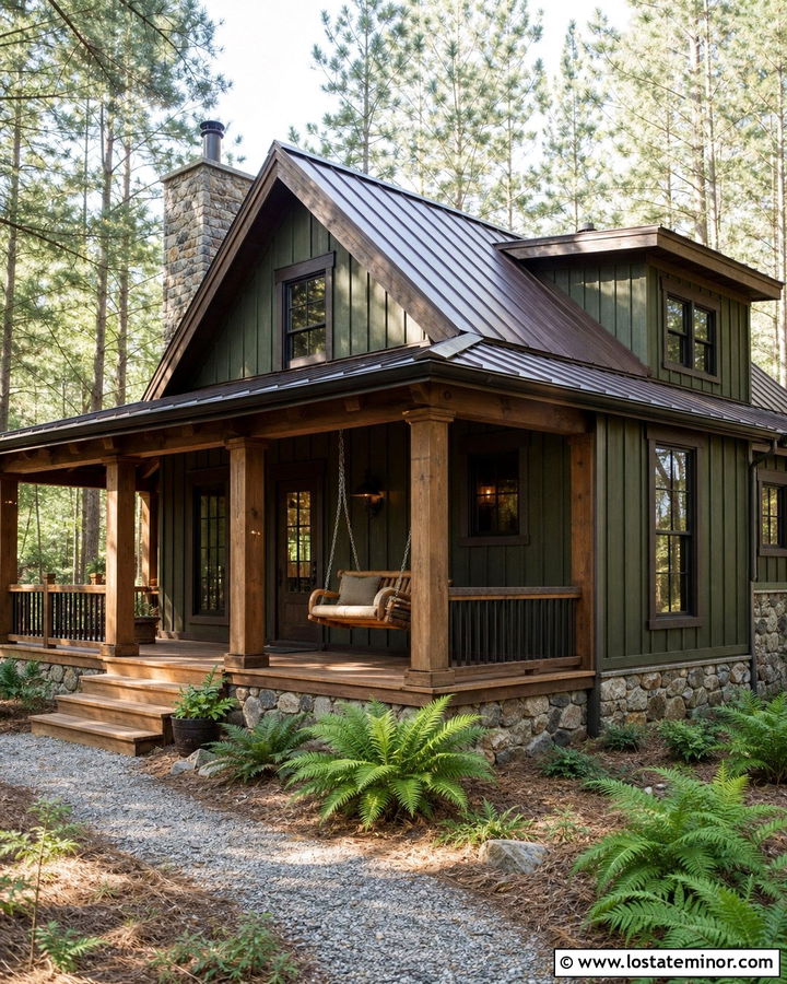 Moss Green Cabin With Log Porch Swing - 30 Moss Green House Design With Swing Ideas
