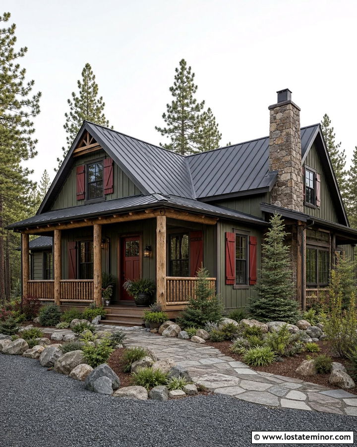 Moss Green Cabin With Red Shutters - 30 Moss Green House Design With Shutters Ideas