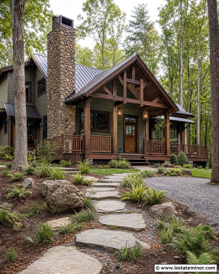 Moss Green Cabin With River Rock Chimney - 30 Moss Green House Design With Chimney Ideas