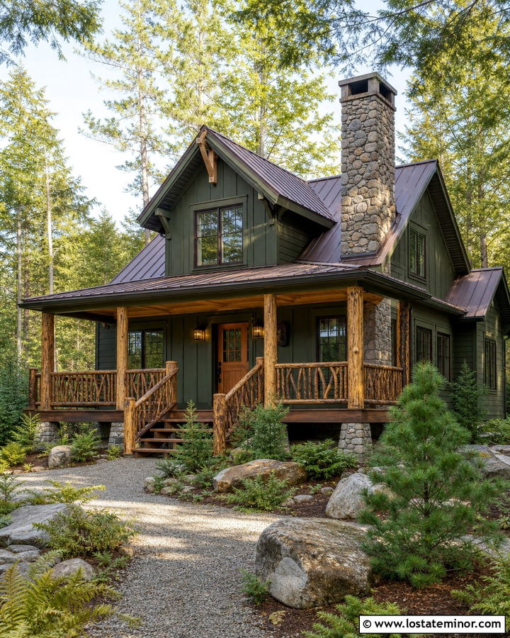 Moss Green Cabin With Rustic Cedar Railings - 30 Moss Green House Design With Railings Ideas