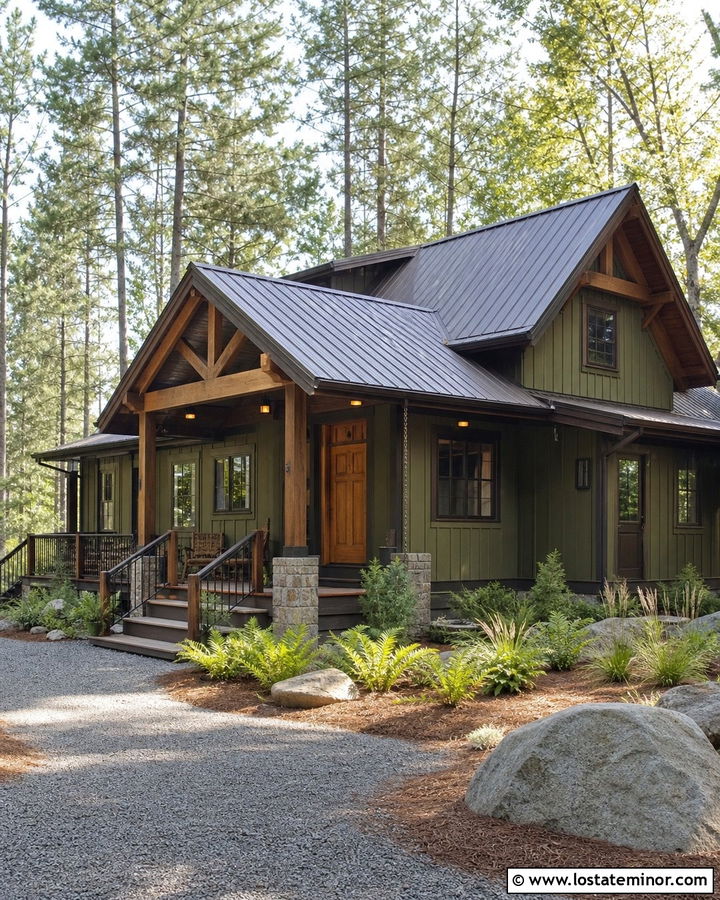 Moss Green Cabin With Rustic Downlights - 30 Moss Green House Design With Lighting Ideas