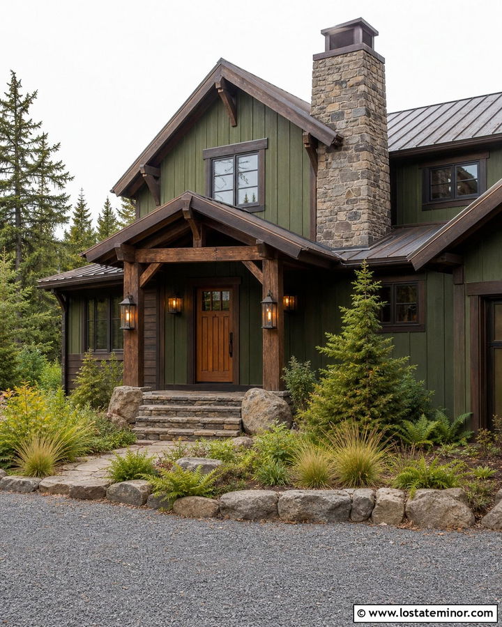 Moss Green Cabin With Rustic Iron Lanterns - 30 Moss Green House Design With Light Fixtures Ideas