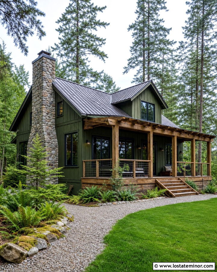 Moss Green Cabin With Rustic Pergola - 30 Moss Green House Design With Pergola Ideas