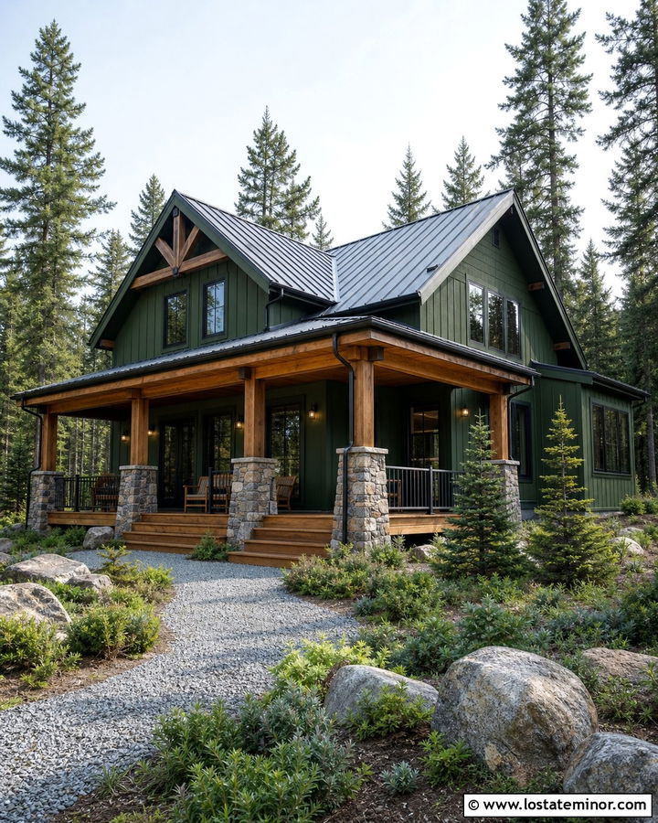 Moss Green Cabin With Stained Pine Porch Ceiling - 30 Moss Green House Design With Porch Ceiling Ideas