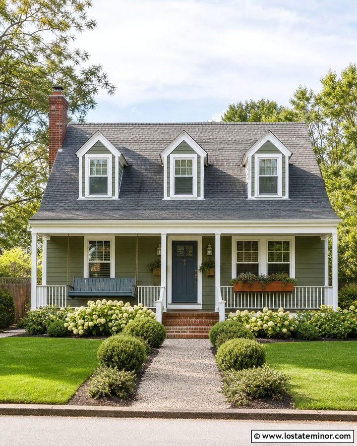 Moss Green Cape Cod House With Blue Porch Swing - 30 Moss Green House Design With Swing Ideas