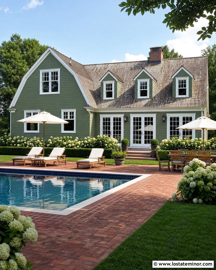 Moss Green Cape Cod House With Brick Pool Patio - 30 Moss Green House Design With Swimming Pool Ideas