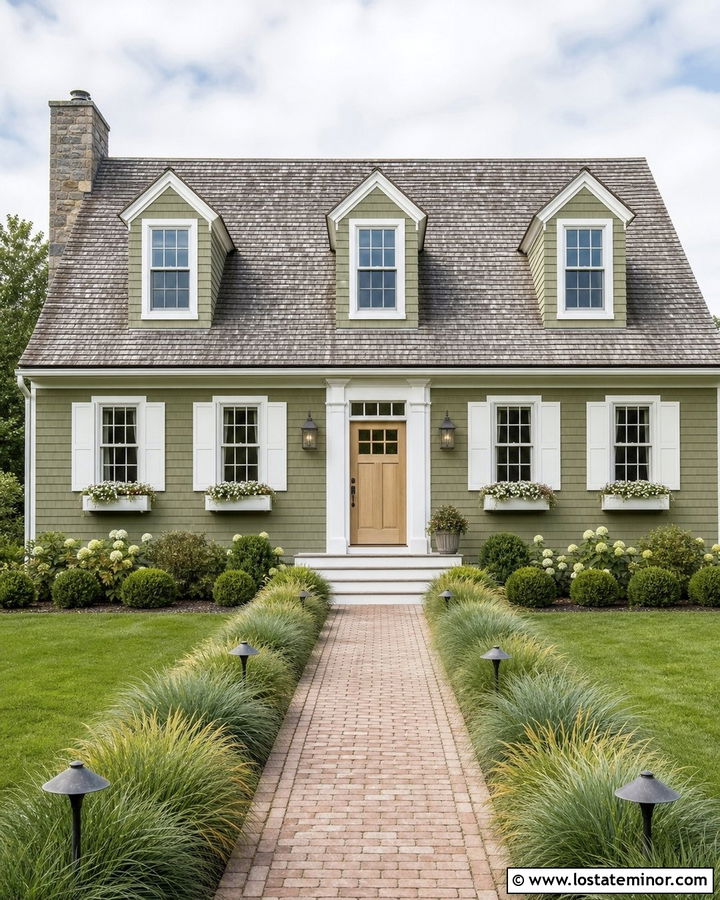 Moss Green Cape Cod With Coastal Lanterns - 30 Moss Green House Design With Lighting Ideas