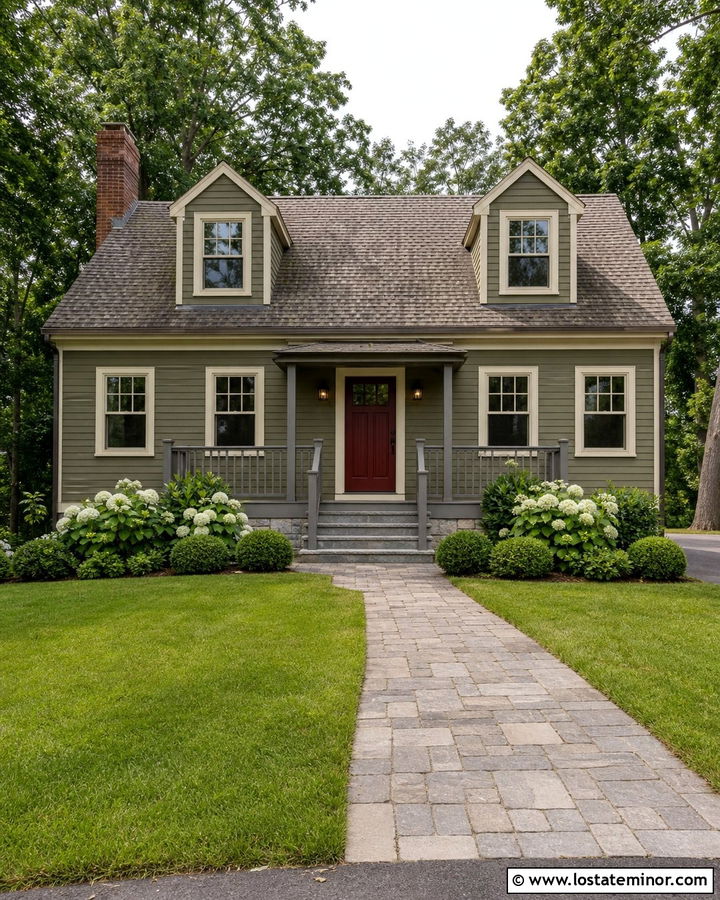 Moss Green Cape Cod With Gray Porch Railings - 30 Moss Green House Design With Railings Ideas
