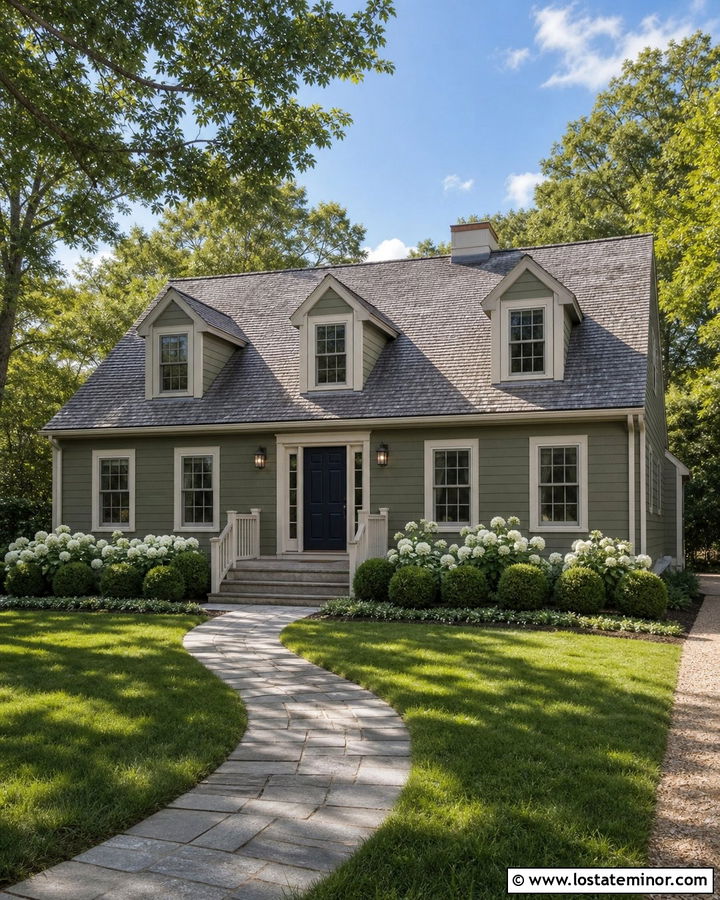 Moss Green Cape Cod With Light Gray Trim - 30 Moss Green House Design With Trim Ideas