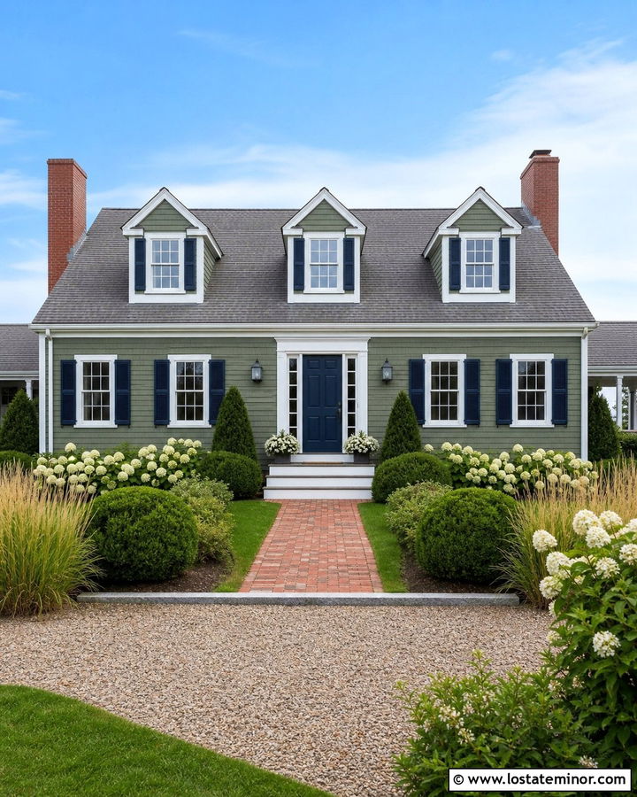 Moss Green Cape Cod With Navy Shutters - 30 Moss Green House Design With Shutters Ideas