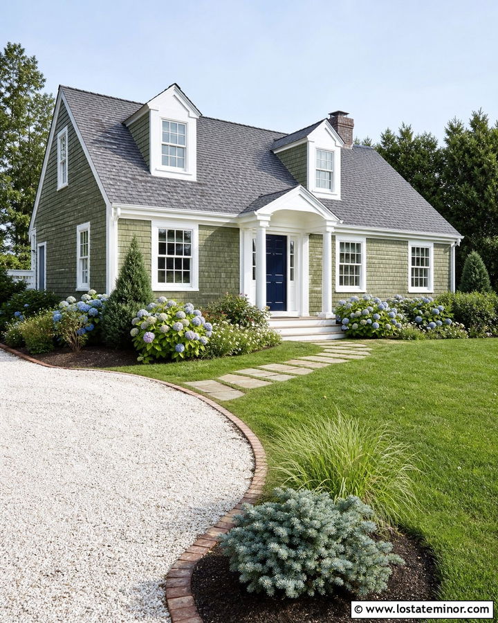 Moss Green Cape Cod With Shell Driveway - 30 Moss Green House Design With Driveway Ideas