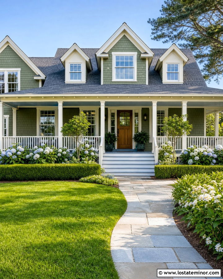 Moss Green Cape Cod With Soft Blue Beadboard Ceiling - 30 Moss Green House Design With Porch Ceiling Ideas