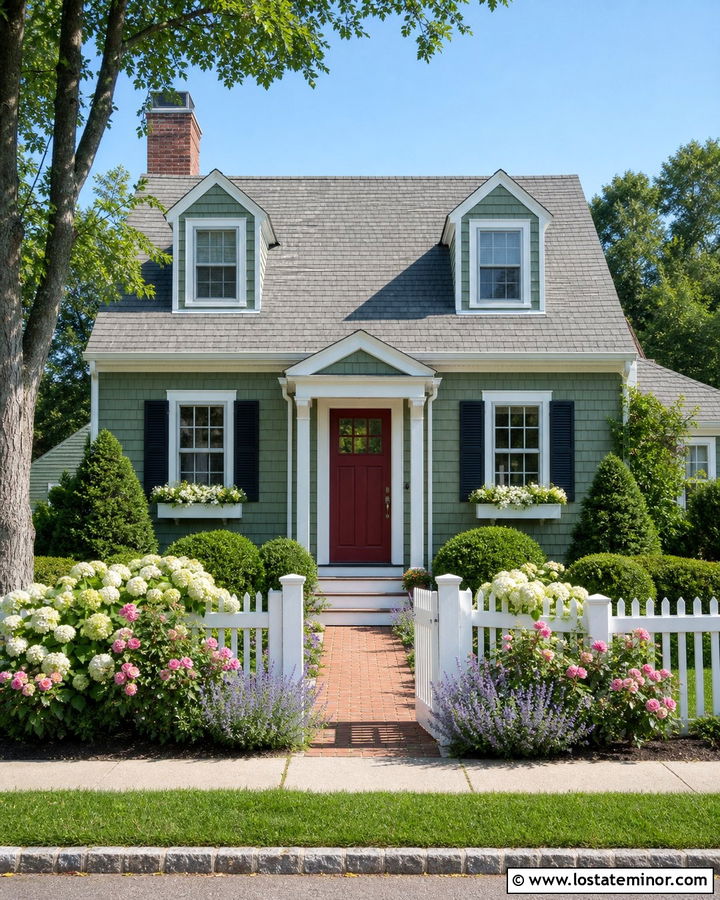 Moss Green Cape Cod With White Picket Fence - 30 Moss Green House Design With Front Yard Ideas