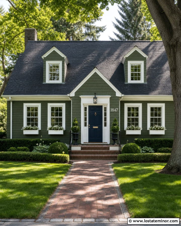 Moss Green Cape Cod With White Serif Numbers - 30 Moss Green House Design With House Numbers Ideas