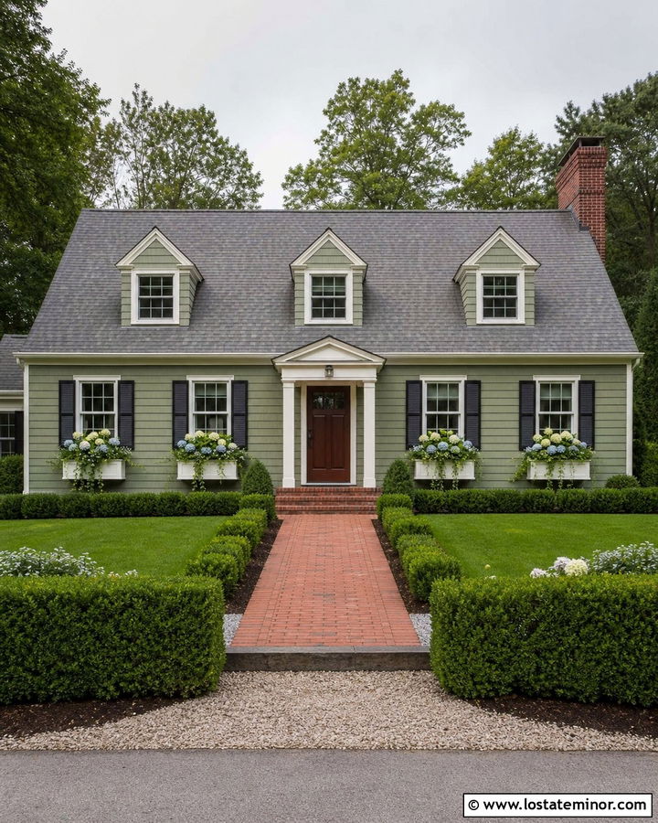 Moss Green Cape Cod With White Window Boxes - 30 Moss Green House Design With Window Boxes Ideas