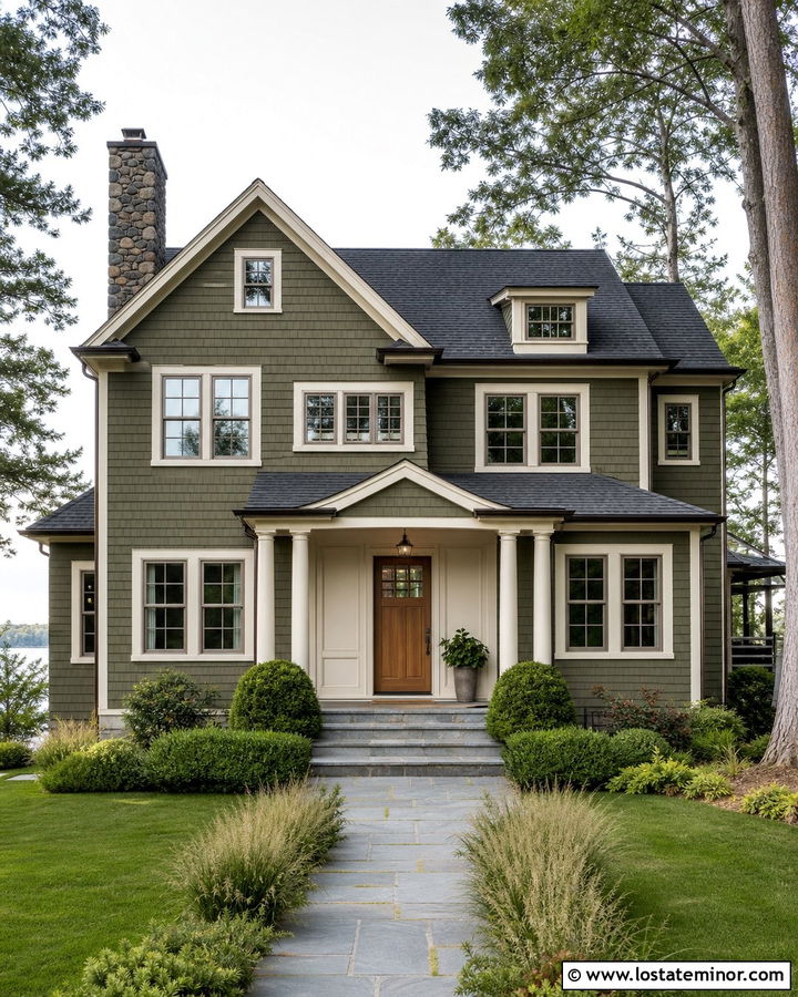 Moss Green Cedar Shake Siding With Cream Trim - 30 Moss Green House Design With Cedar Shake Ideas