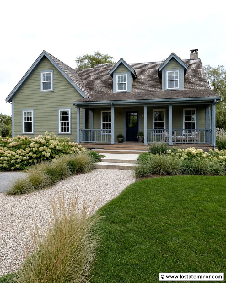 Moss Green Coastal House With Blue Gray Trim - 30 Moss Green House Design With Trim Ideas