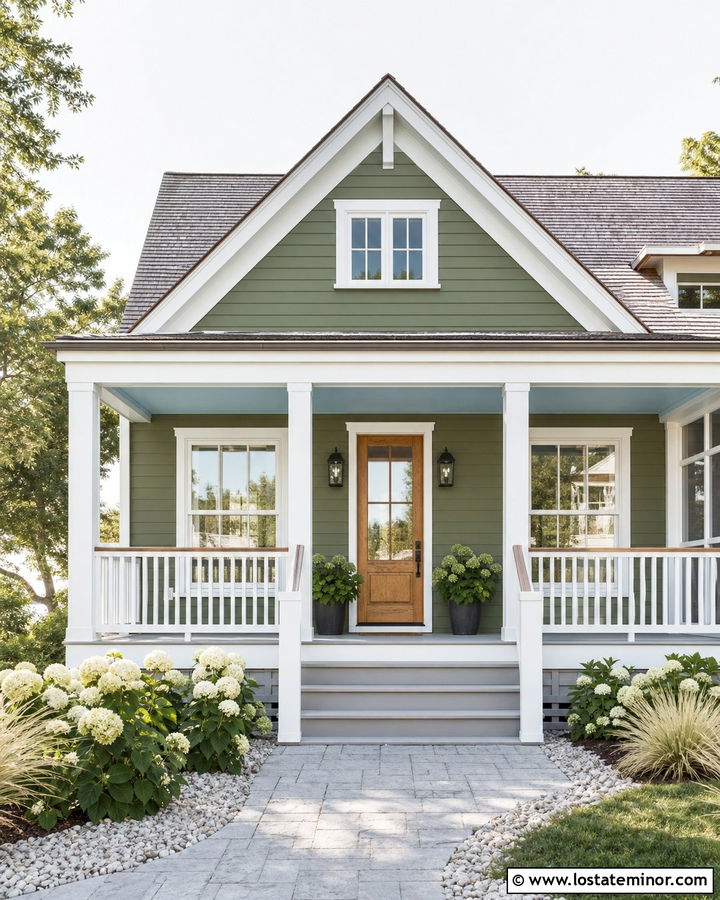 Moss Green Coastal House With Blue Porch Ceiling - 30 Moss Green House Design With Front Porch Ideas