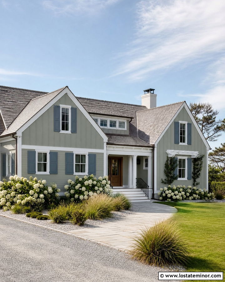 Moss Green Coastal House With Blue Shutters - 30 Moss Green House Design With Shutters Ideas