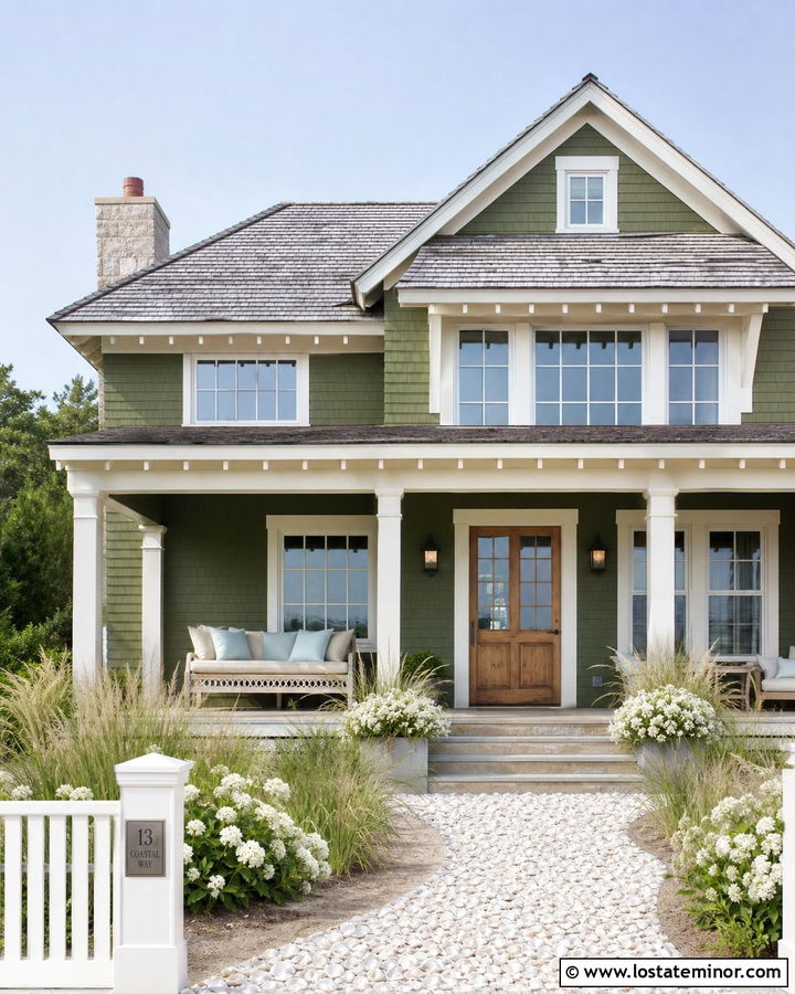 Moss Green Coastal House With Cream Daybed - 30 Moss Green House Design With Daybed Ideas