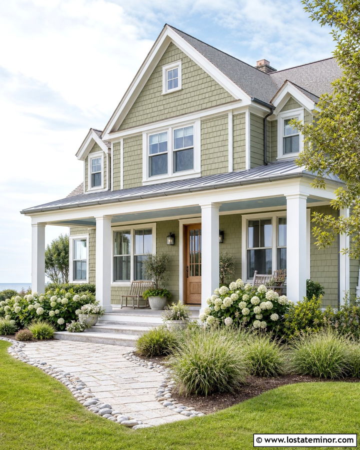 Moss Green Coastal House With Gray Blue Porch Ceiling - 30 Moss Green House Design With Porch Ceiling Ideas