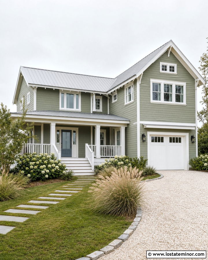 Moss Green Coastal House With Oyster Shell Driveway - 30 Moss Green House Design With Driveway Ideas