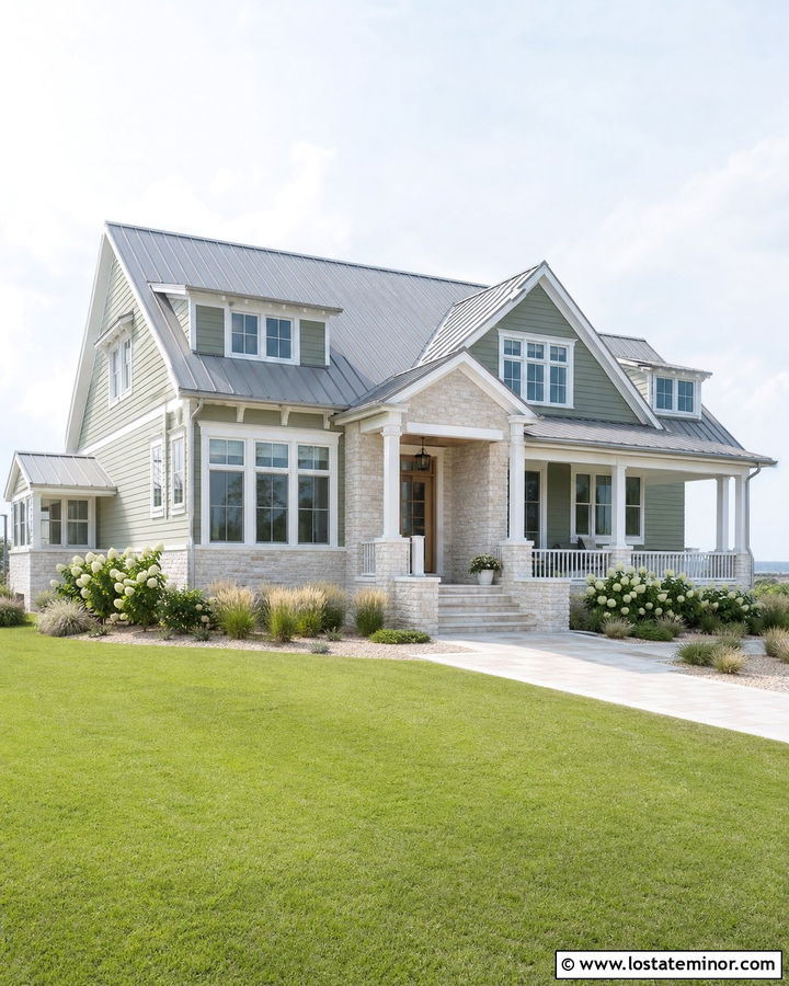 Moss Green Coastal House With Pale Stone - 30 Moss Green House Design With Stone Accents Ideas