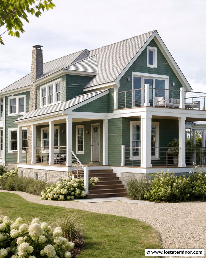 Moss Green Coastal House With White Cable Railings - 30 Moss Green House Design With Railings Ideas