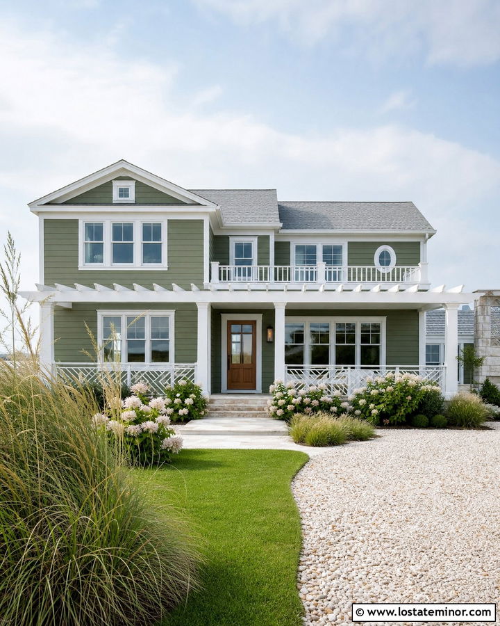 Moss Green Coastal House With White Pergola - 30 Moss Green House Design With Pergola Ideas