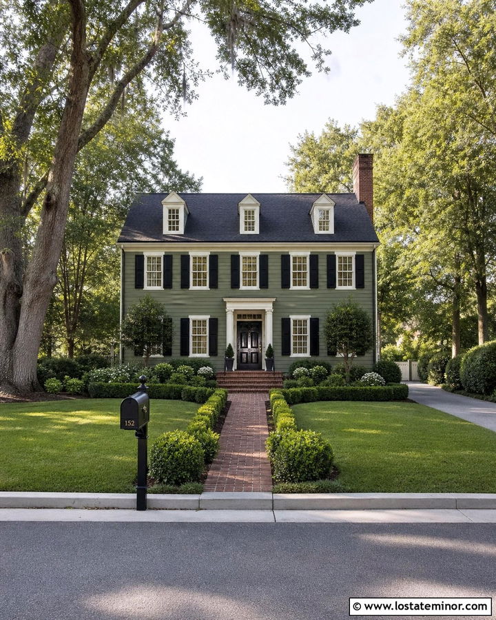 Moss Green Colonial House With Black Mailbox - 30 Moss Green House Design With Mailbox Ideas
