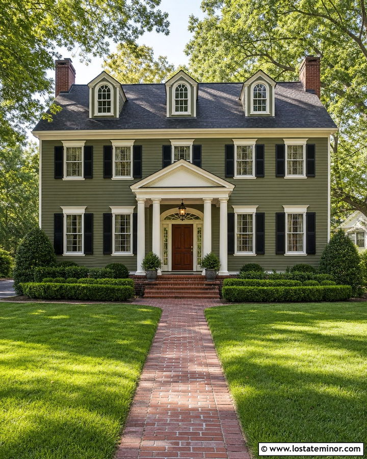 Moss Green Colonial House With Black Shutters - 30 Moss Green House Design With Accents Ideas