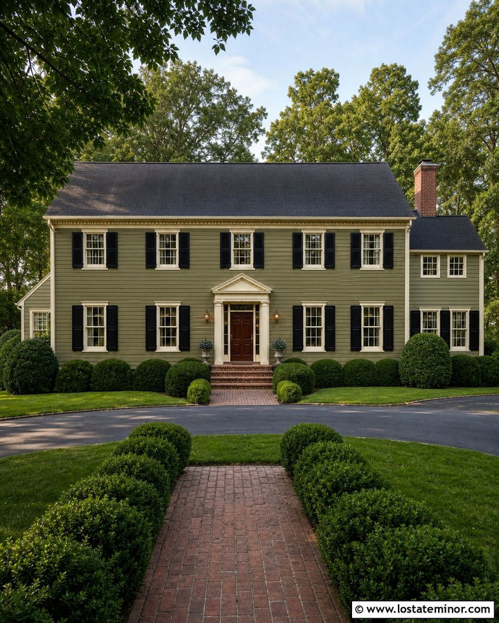 Moss Green Colonial House With Black Shutters - 30 Moss Green House Design With Shutters Ideas