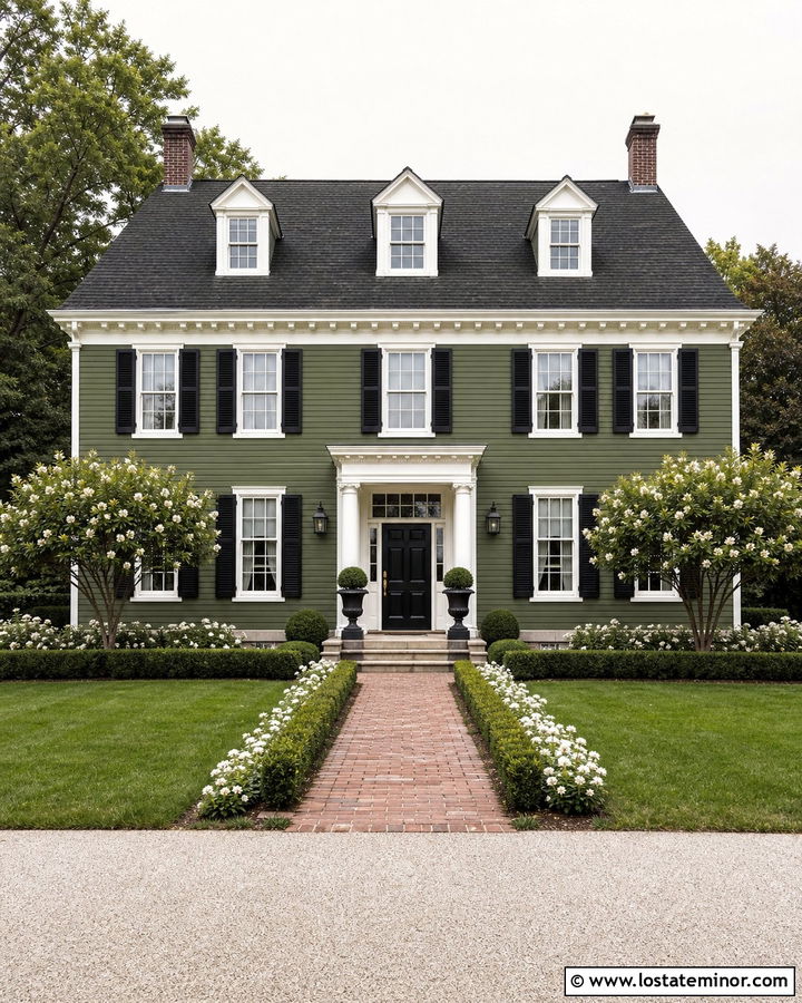 Moss Green Colonial House With Boxwood Landscaping - 30 Moss Green House Design With Landscaping Ideas