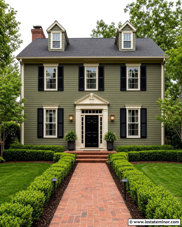 Moss Green Colonial House With Brass Sconces - 30 Moss Green House Design With Lighting Ideas