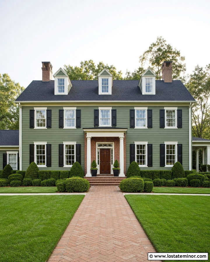 Moss Green Colonial House With Brick Entry - 30 Moss Green House Design With Brick Accents Ideas