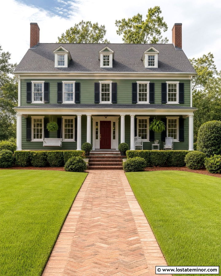 Moss Green Colonial House With Classic White Swing - 30 Moss Green House Design With Swing Ideas