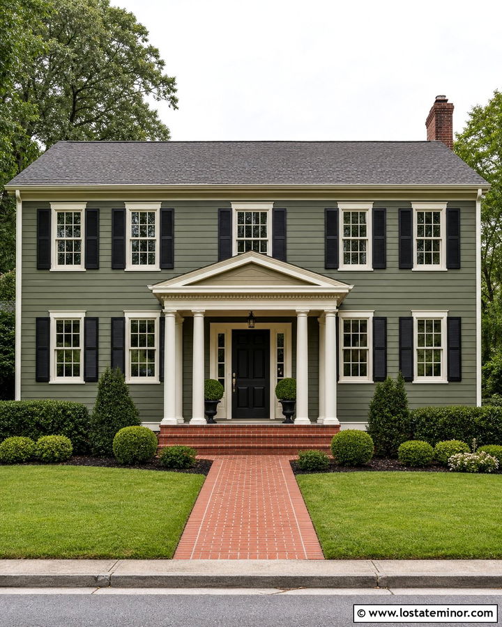 Moss Green Colonial House With Front Portico - 30 Moss Green House Design With Front Porch Ideas