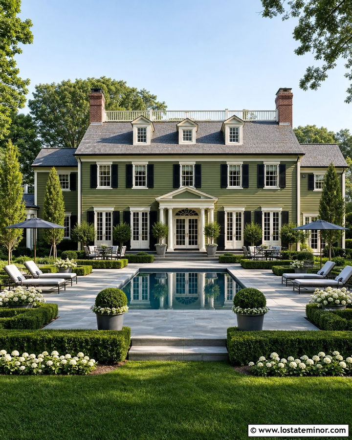 Moss Green Colonial House With Symmetrical Pool - 30 Moss Green House Design With Swimming Pool Ideas