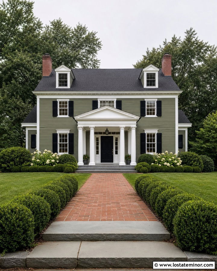 Moss Green Colonial House With White Portico - 30 Moss Green House Design With Portico Ideas