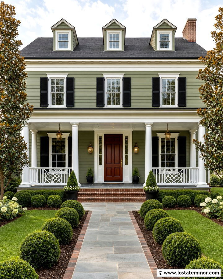 Moss Green Colonial Revival With Paneled Porch Ceiling - 30 Moss Green House Design With Porch Ceiling Ideas